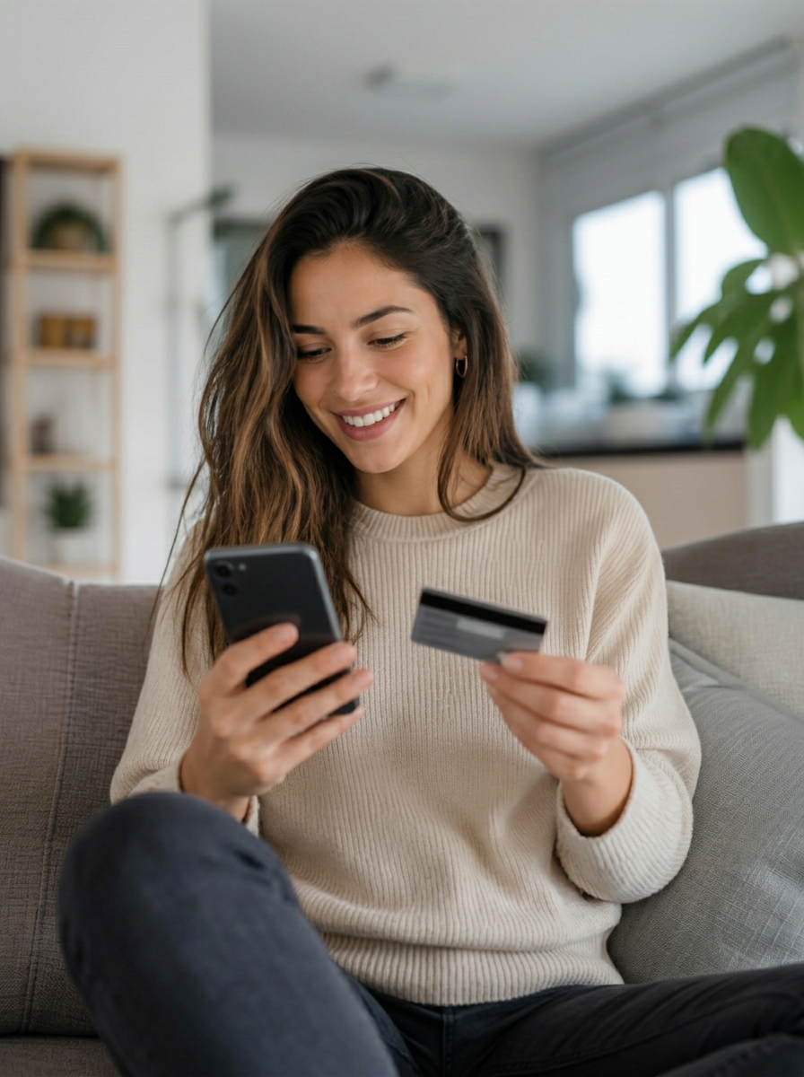 Woman paying with credit card on phone